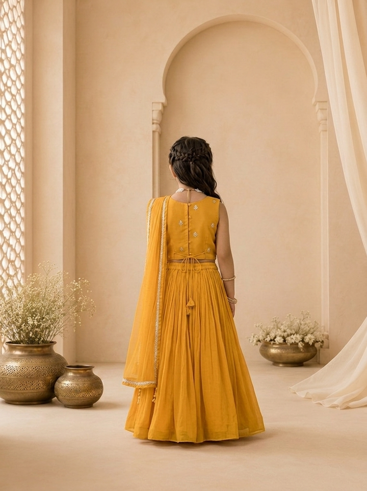 Yellow Georgette Scallop Hem Embroidered Ghagra Set