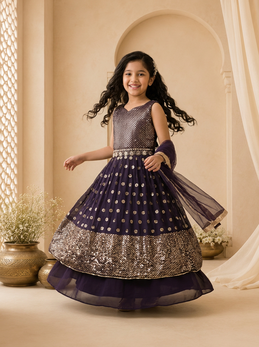 Wine Georgette Sequin Panelled Embroidered Ghagra Set