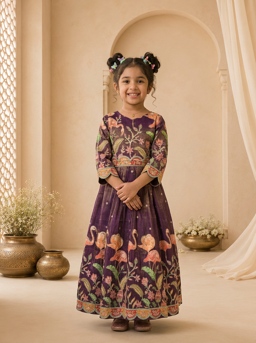 Purple Tissue Floral Thread Embroidered Dress