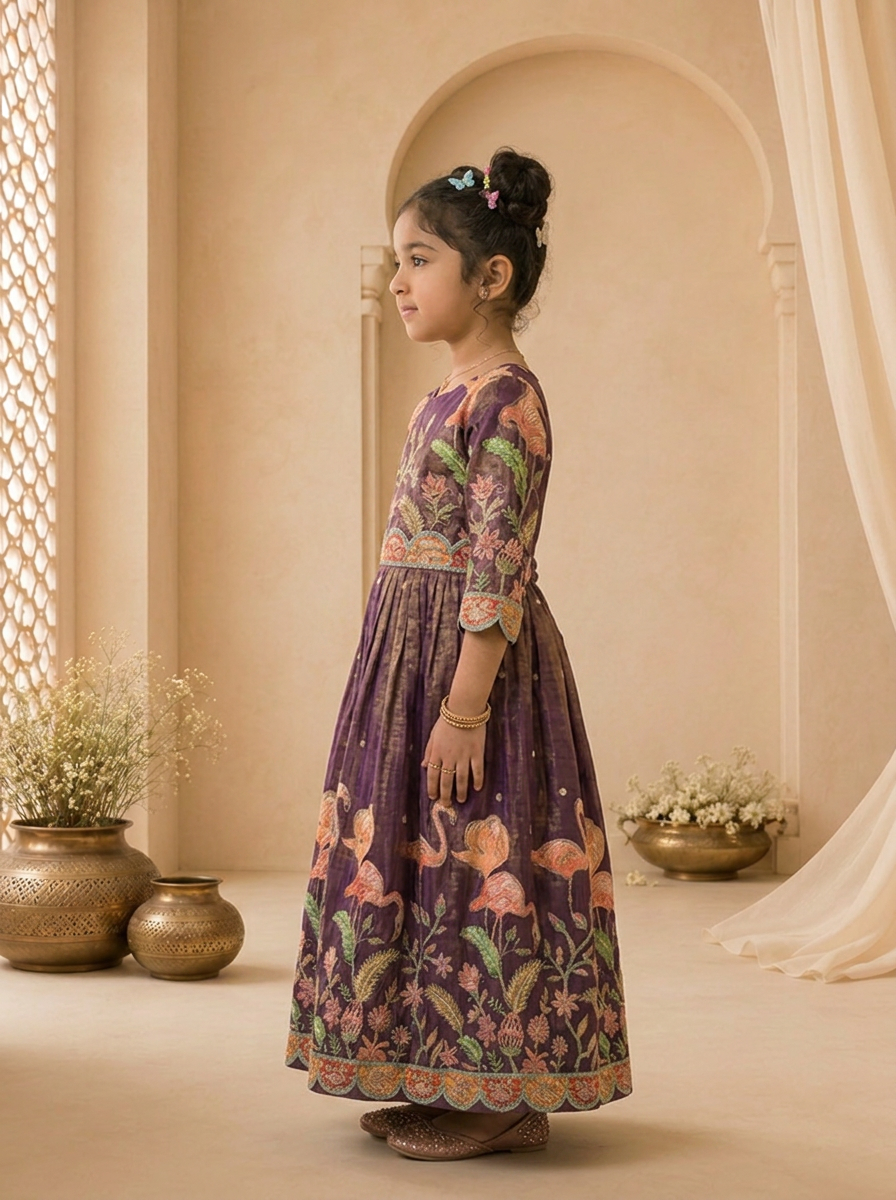 Purple Tissue Floral Thread Embroidered Dress