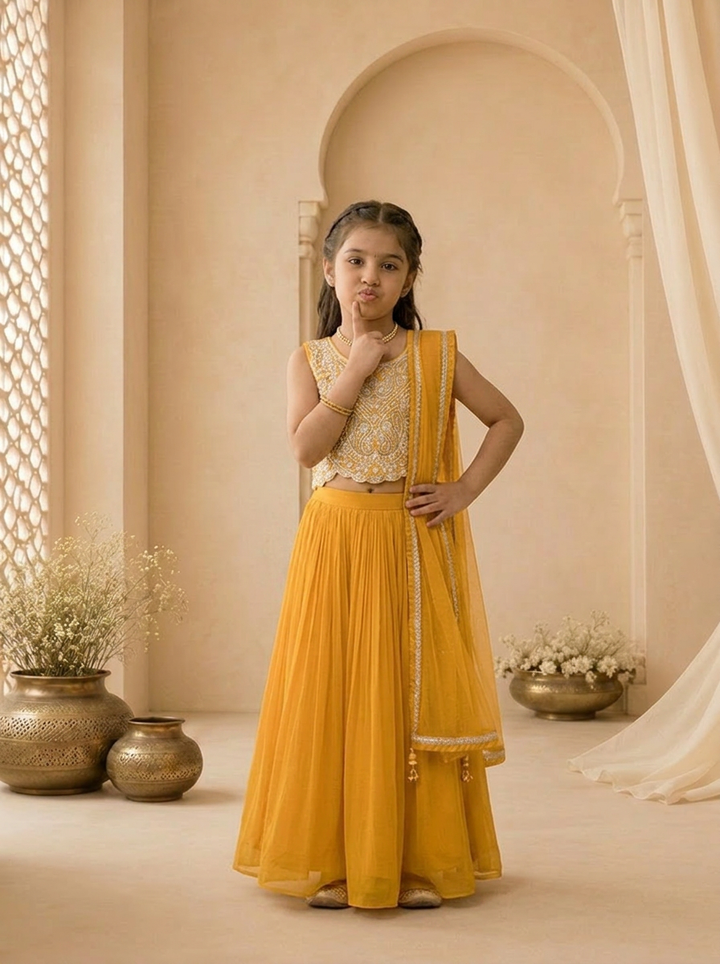 Yellow Georgette Scallop Hem Embroidered Ghagra Set