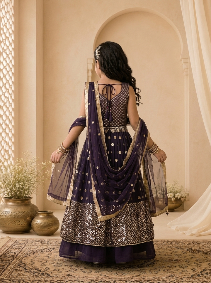 Wine Georgette Sequin Panelled Embroidered Ghagra Set