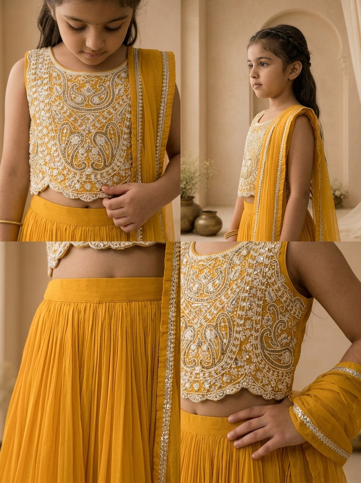 Yellow Georgette Scallop Hem Embroidered Ghagra Set