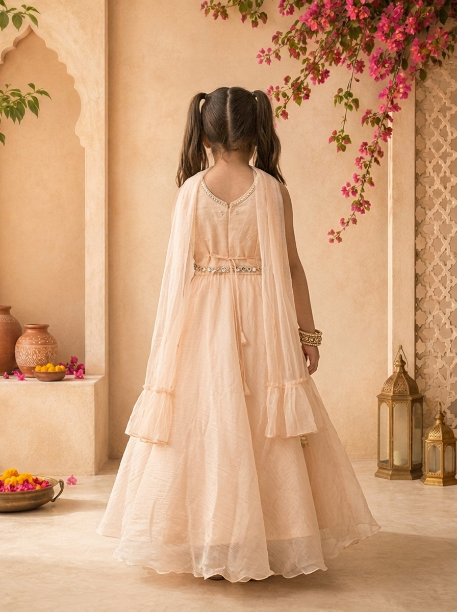 Peach Organza Solid Skirt With Embroidered Top