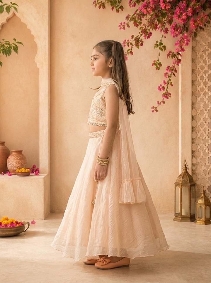 Peach Organza Solid Skirt With Embroidered Top