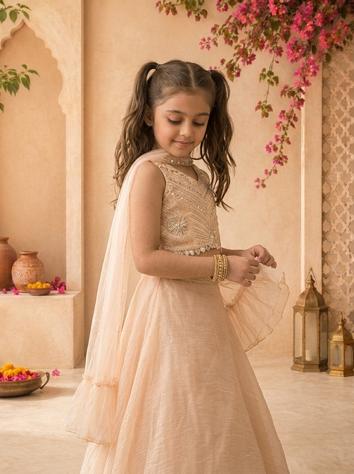 Peach Organza Solid Skirt With Embroidered Top