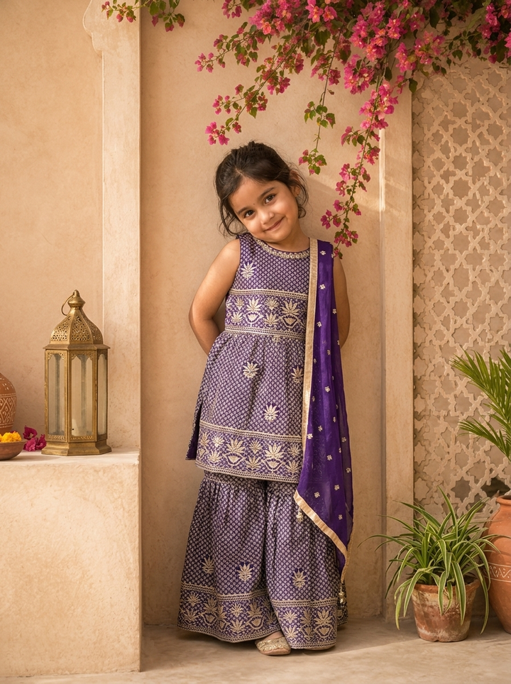 Purple Georgette Lotus Motif Thread Embroidered Sharara Set
