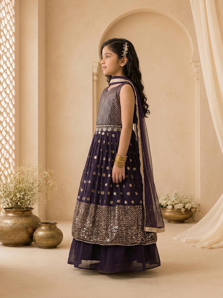 Wine Georgette Sequin Panelled Embroidered Ghagra Set