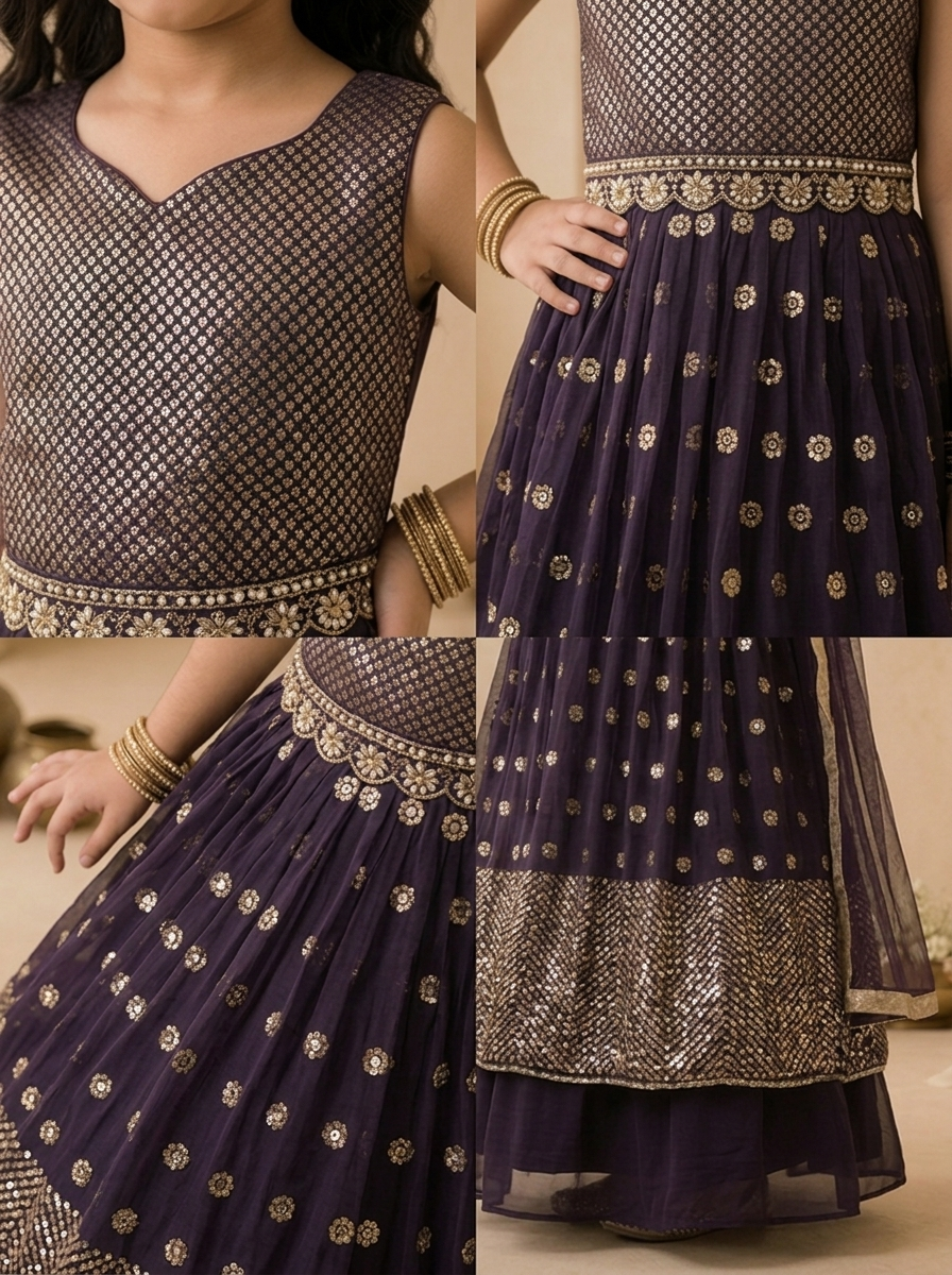 Wine Georgette Sequin Panelled Embroidered Ghagra Set