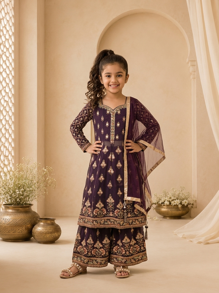 Wine Georgette Zari Embroidered Sharara Set