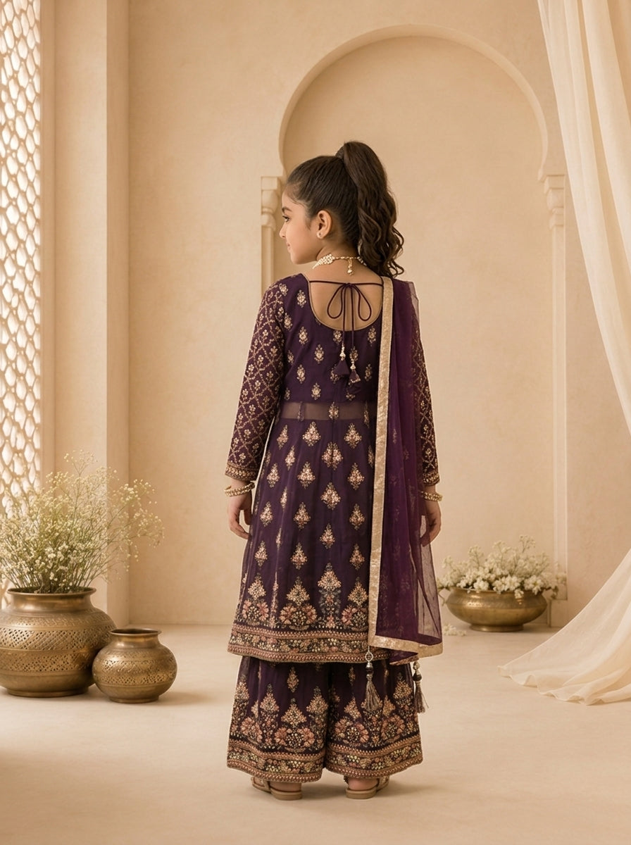 Wine Georgette Zari Embroidered Sharara Set