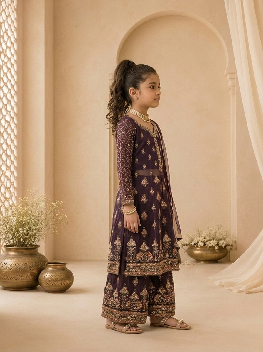 Wine Georgette Zari Embroidered Sharara Set