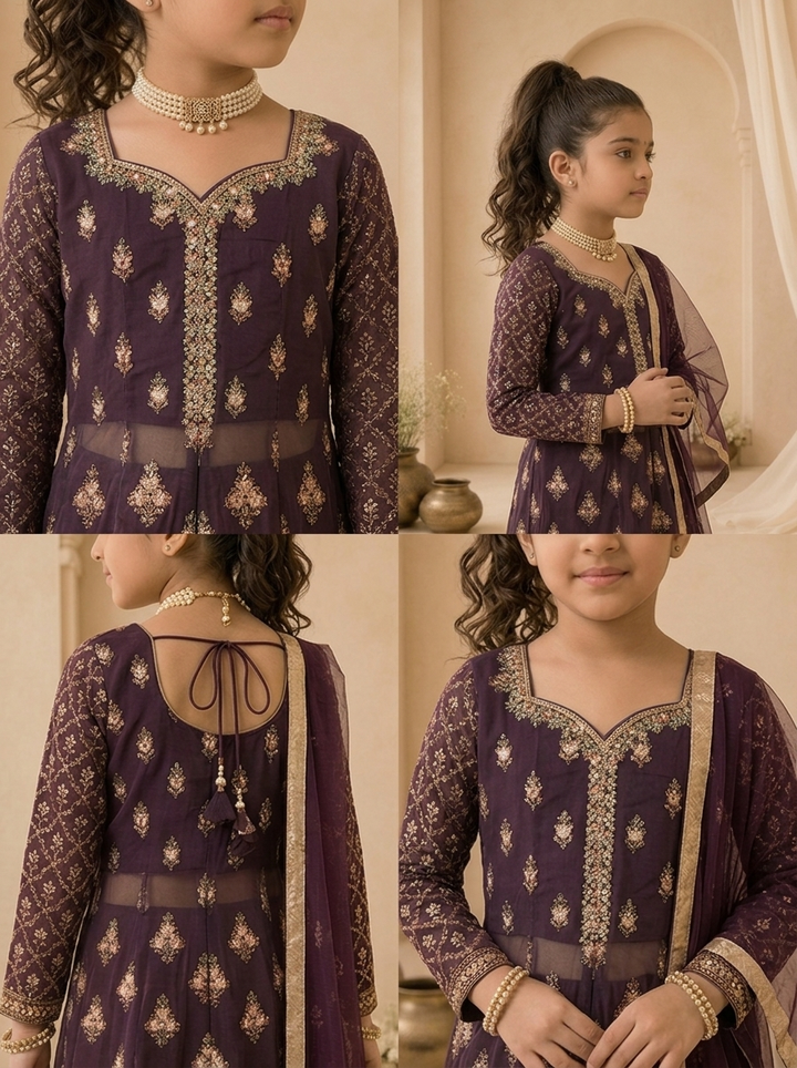 Wine Georgette Zari Embroidered Sharara Set