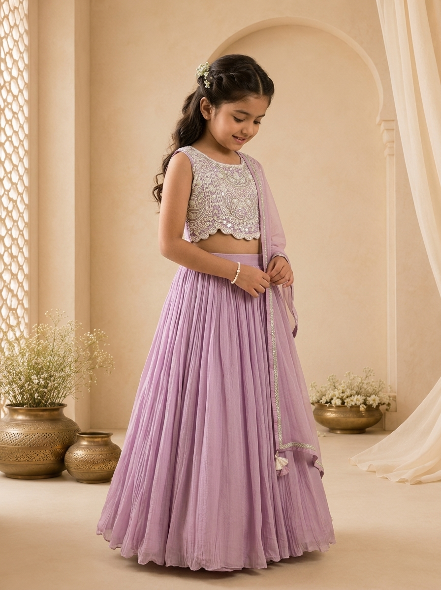 Purple Georgette Scallop Hem Embroidered Ghagra Set