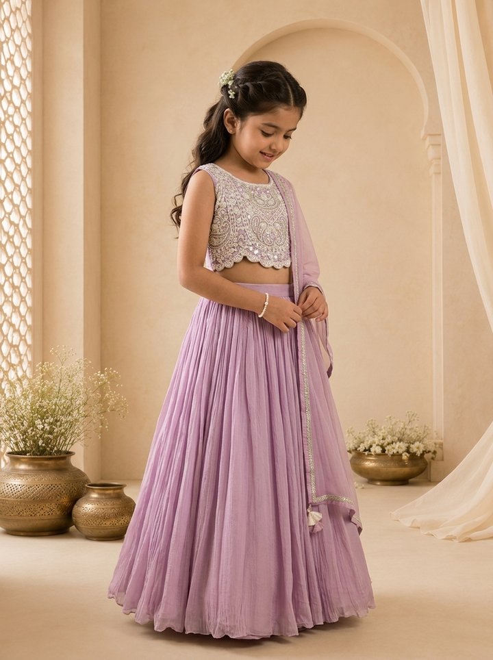 Purple Georgette Scallop Hem Embroidered Ghagra Set