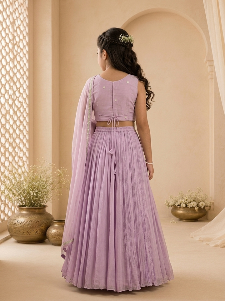 Purple Georgette Scallop Hem Embroidered Ghagra Set