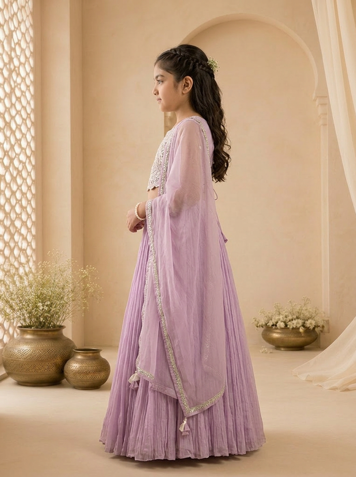 Purple Georgette Scallop Hem Embroidered Ghagra Set