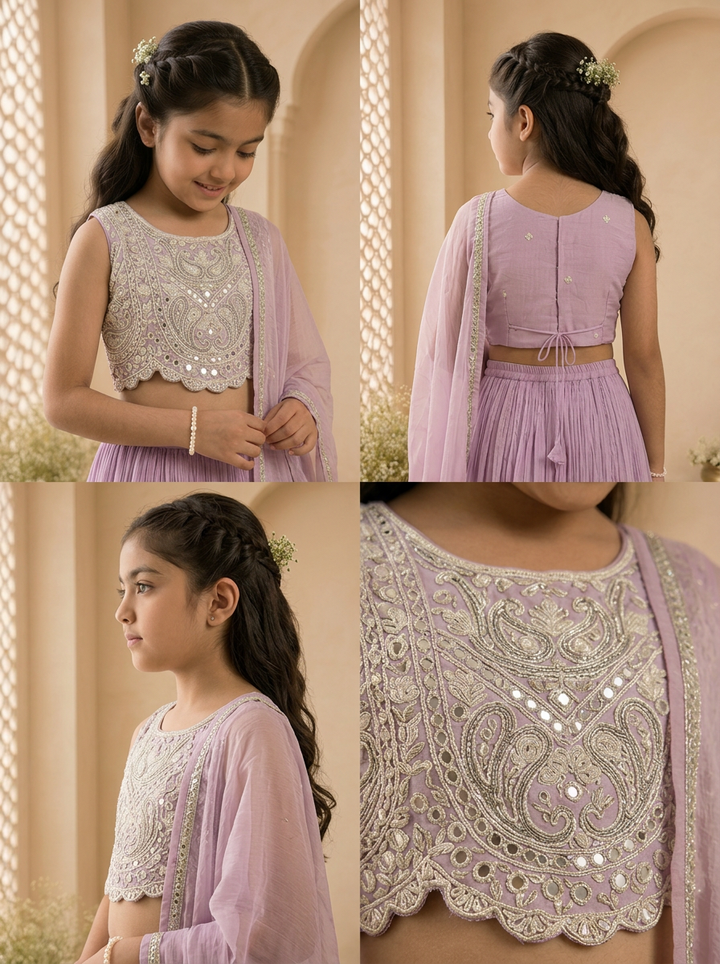 Purple Georgette Scallop Hem Embroidered Ghagra Set