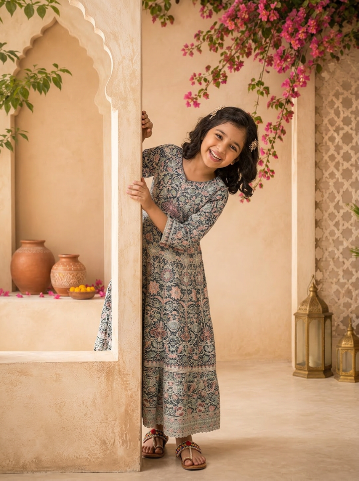 Blue Georgette Traditional Ajrakh Block Embroidered Dress