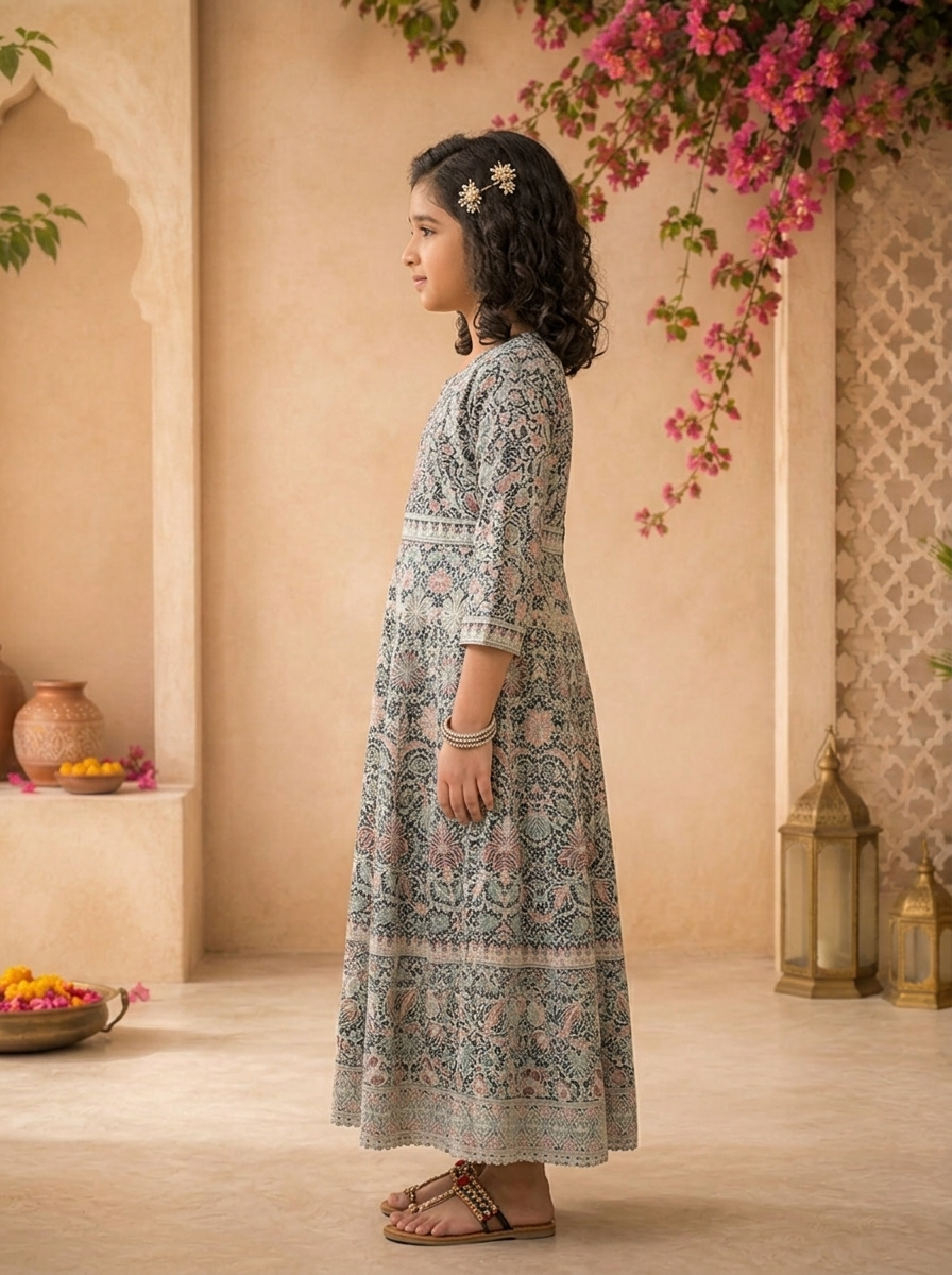 Blue Georgette Traditional Ajrakh Block Embroidered Dress
