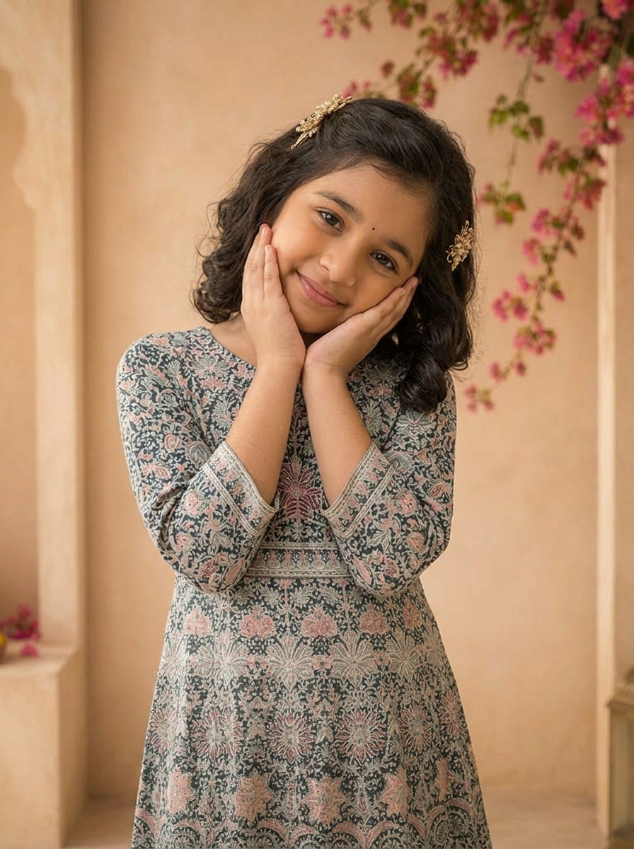 Blue Georgette Traditional Ajrakh Block Embroidered Dress