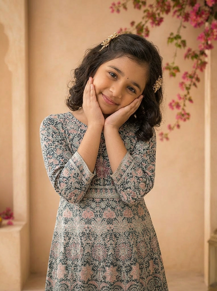 Blue Georgette Traditional Ajrakh Block Embroidered Dress
