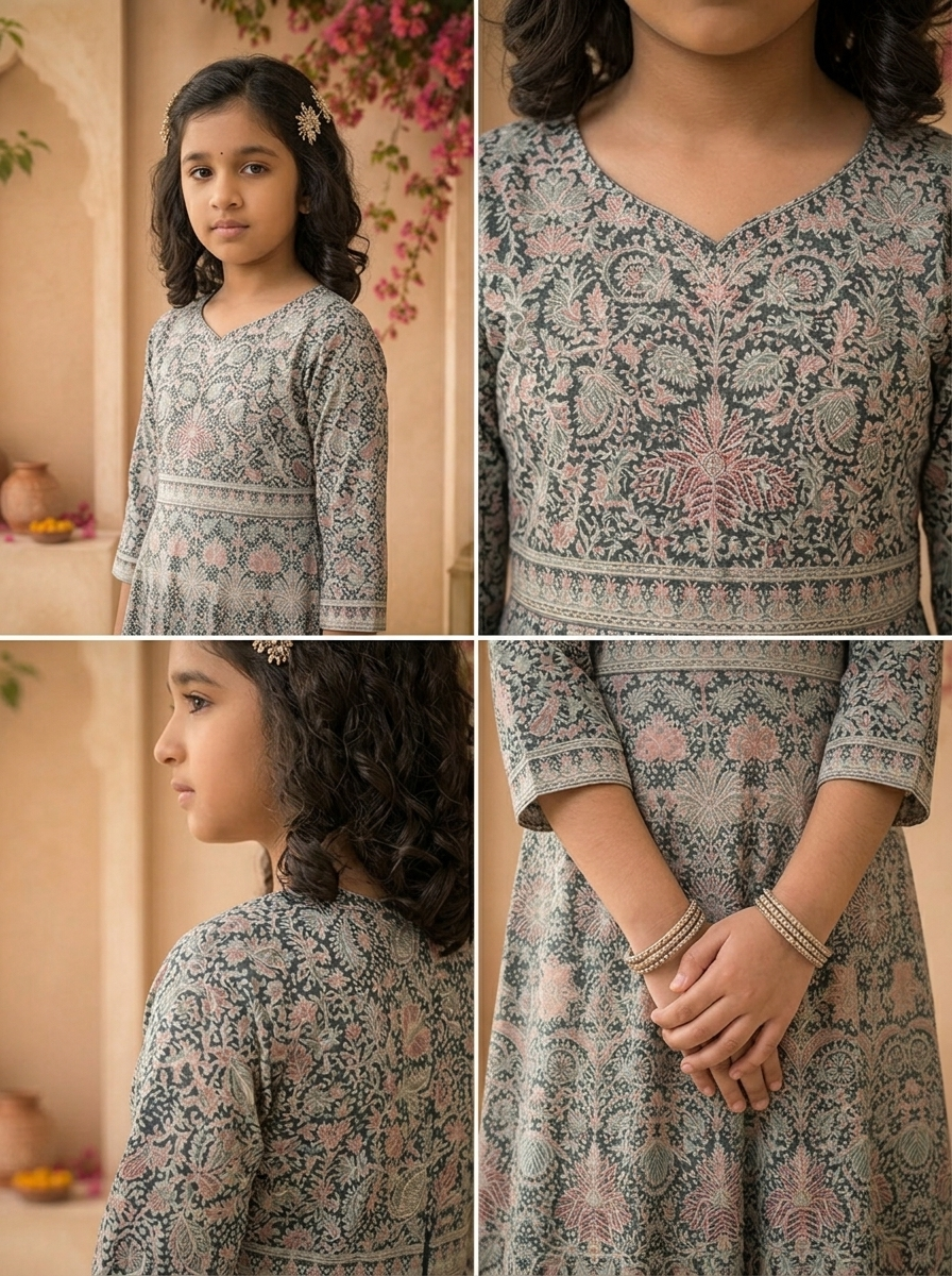 Blue Georgette Traditional Ajrakh Block Embroidered Dress