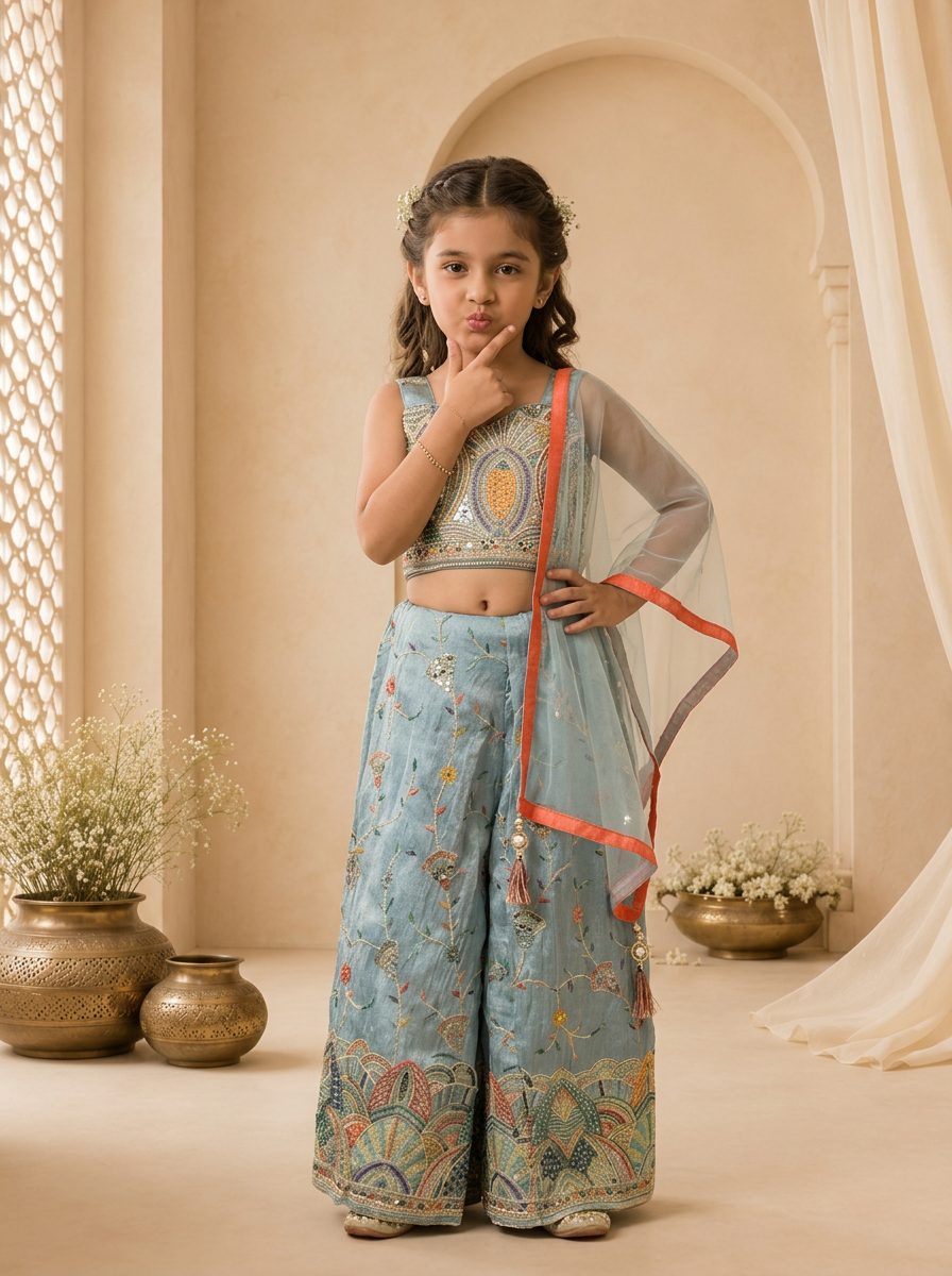 Sky Blue Tissue Floral Thread Embroidered Palazzo Set