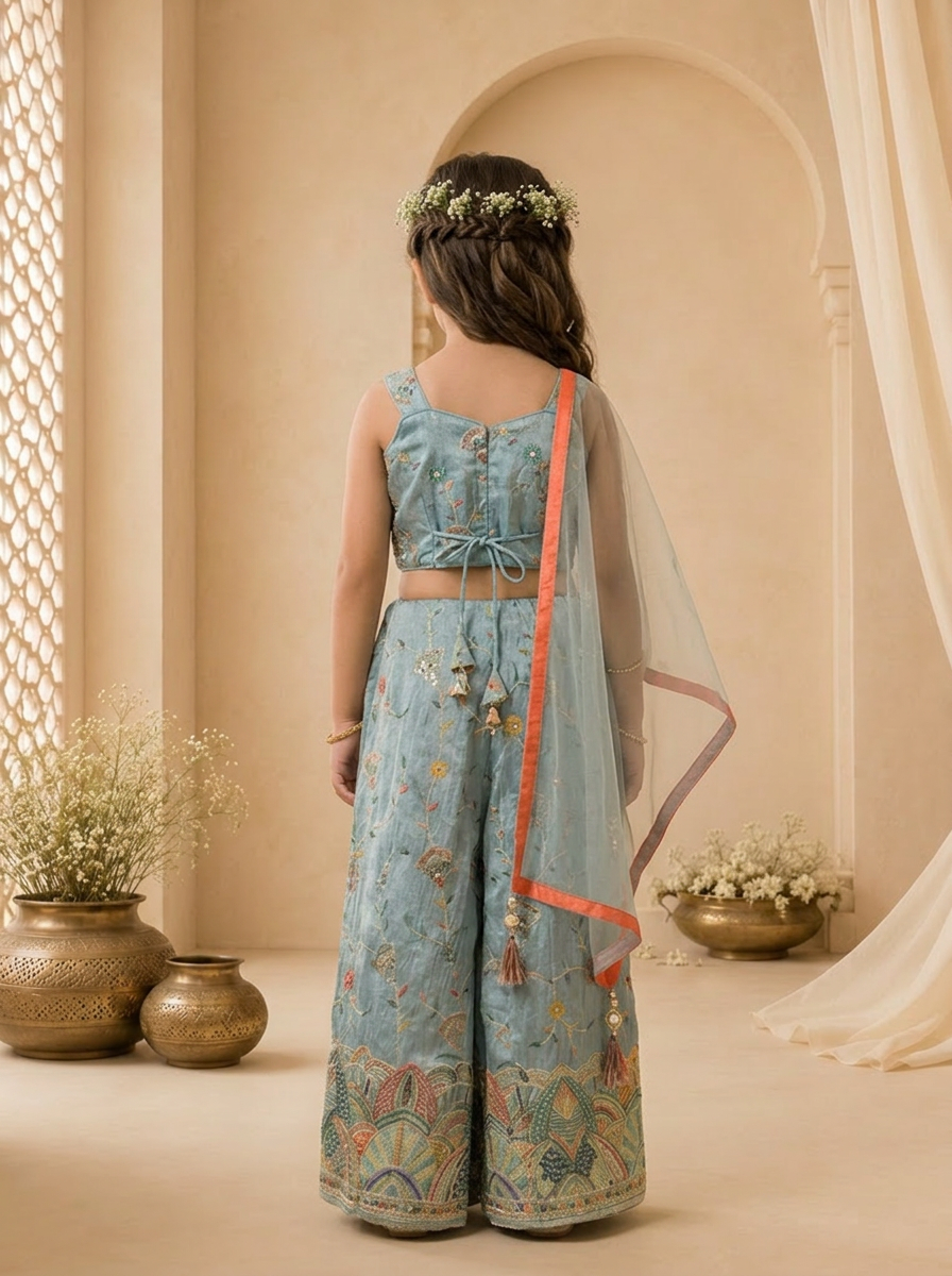 Sky Blue Tissue Floral Thread Embroidered Palazzo Set