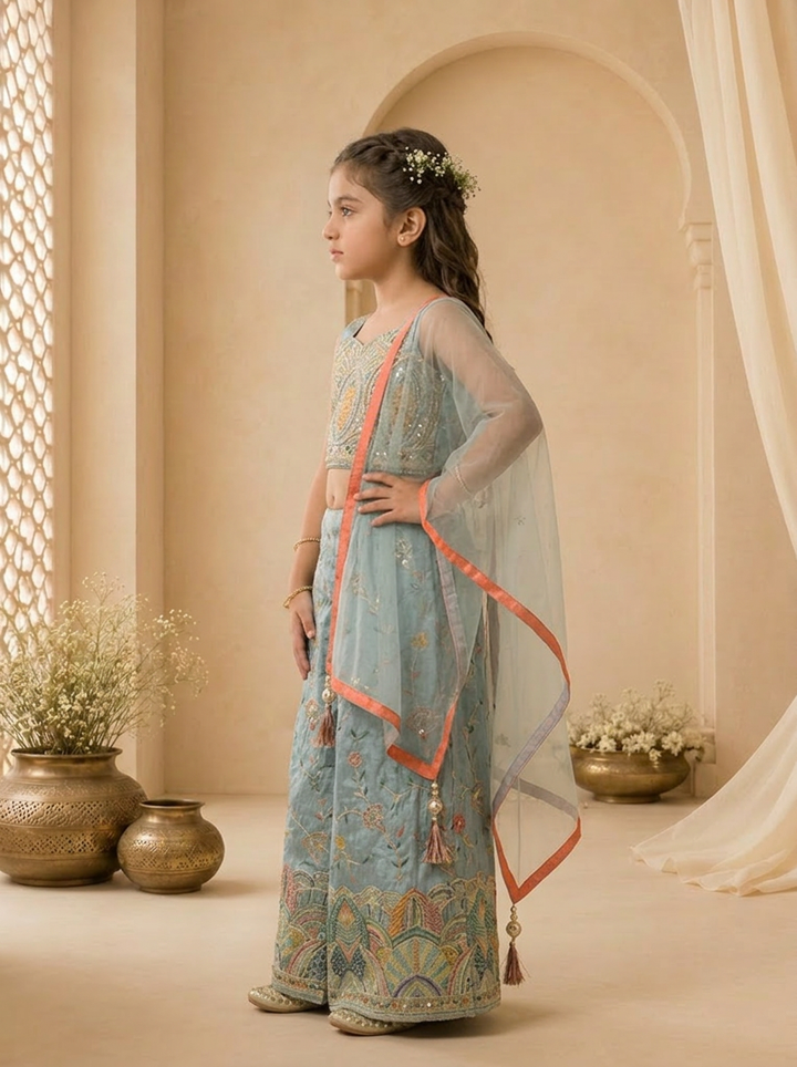 Sky Blue Tissue Floral Thread Embroidered Palazzo Set
