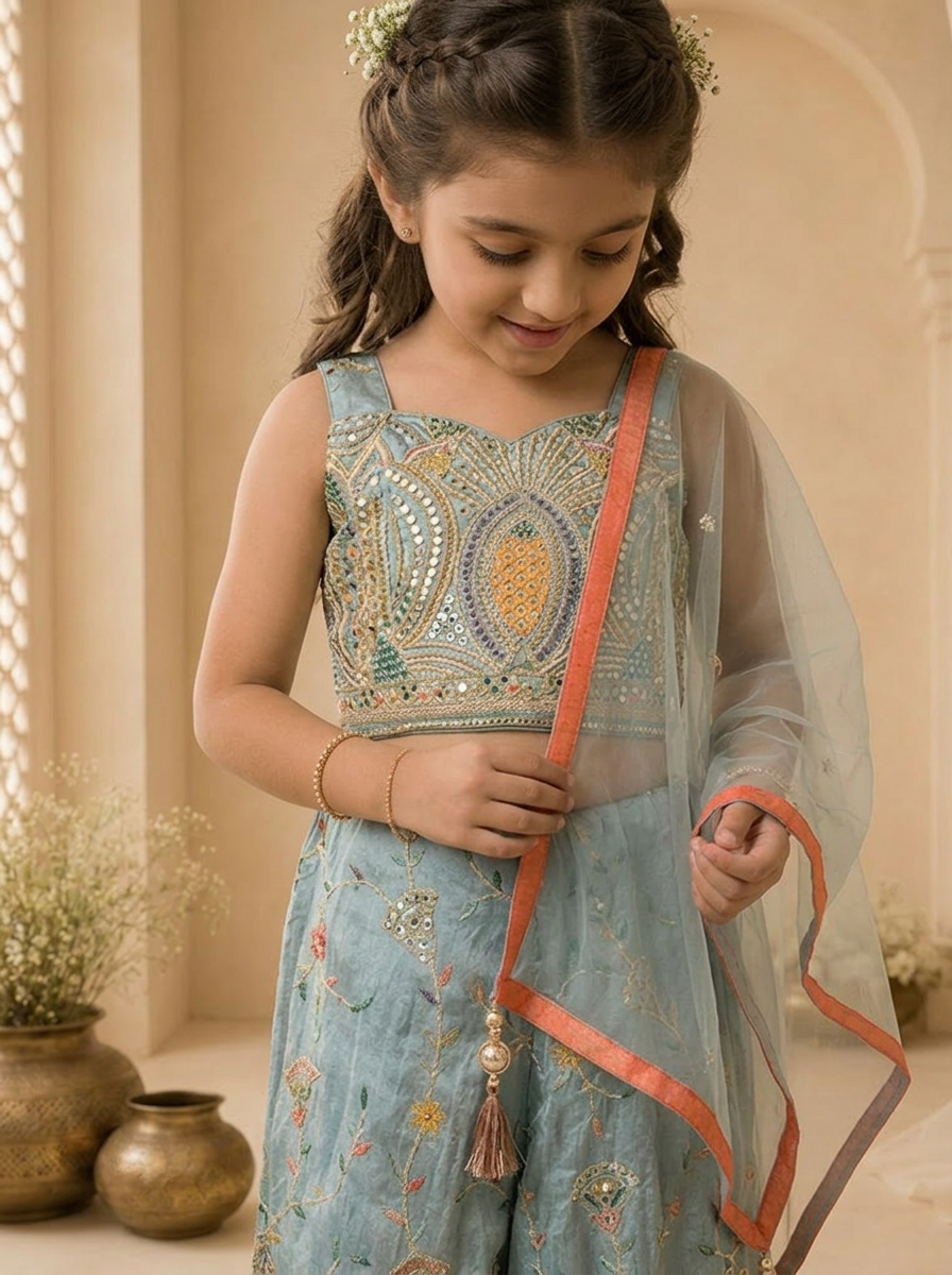 Sky Blue Tissue Floral Thread Embroidered Palazzo Set