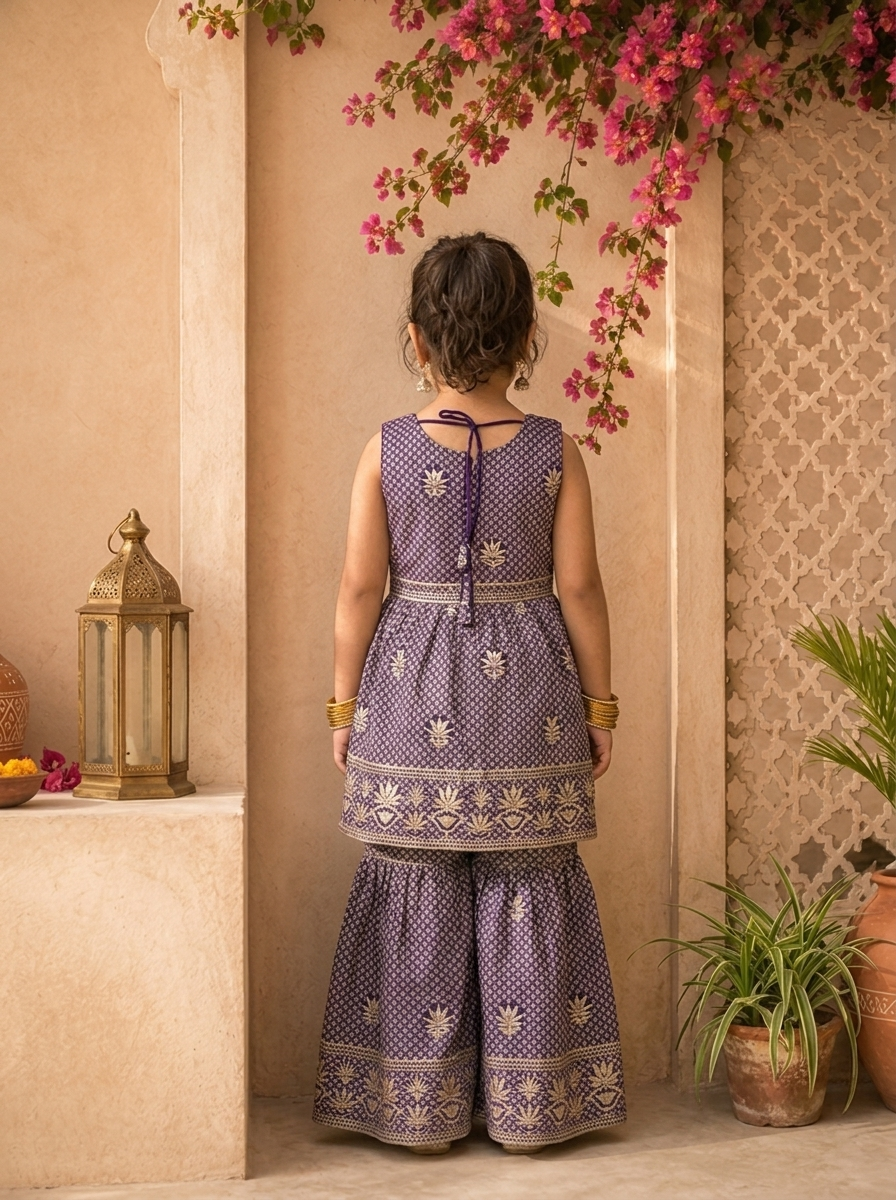 Purple Georgette Lotus Motif Thread Embroidered Sharara Set