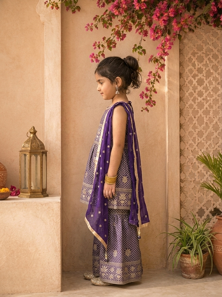 Purple Georgette Lotus Motif Thread Embroidered Sharara Set