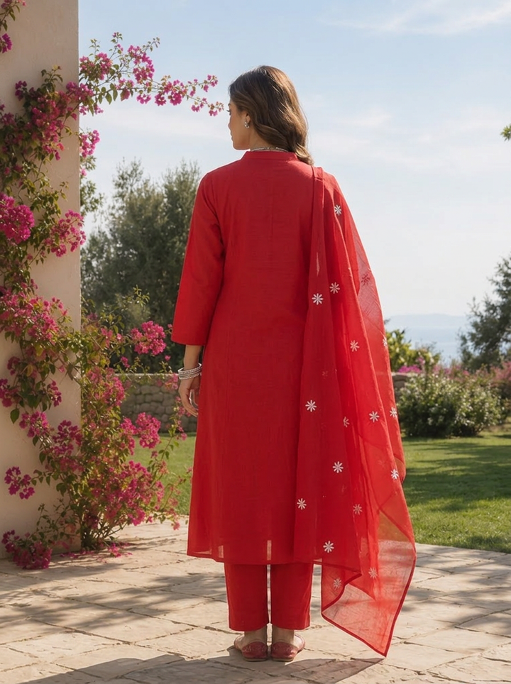Red Cotton Floral Thread Embroidery And Solid Design Three Piece Set