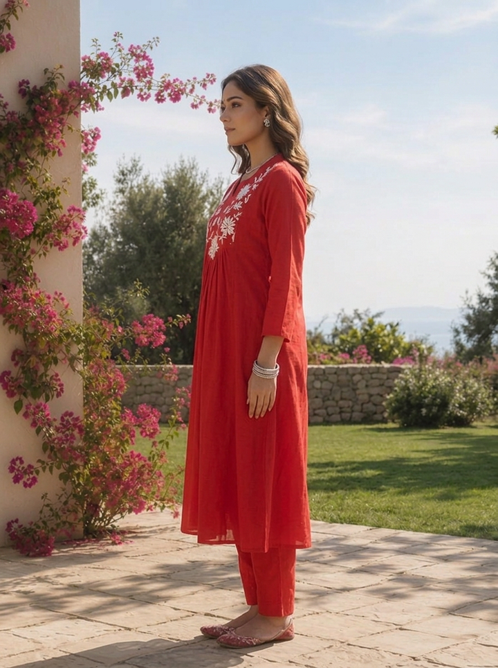 Red Cotton Floral Thread Embroidery And Solid Design Three Piece Set
