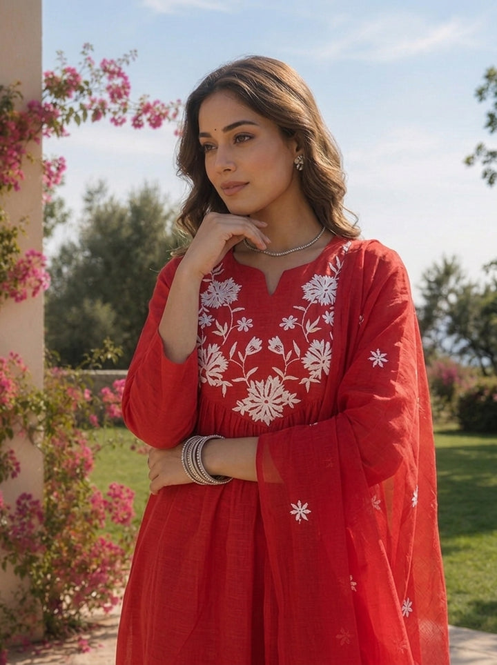 Red Cotton Floral Thread Embroidery And Solid Design Three Piece Set