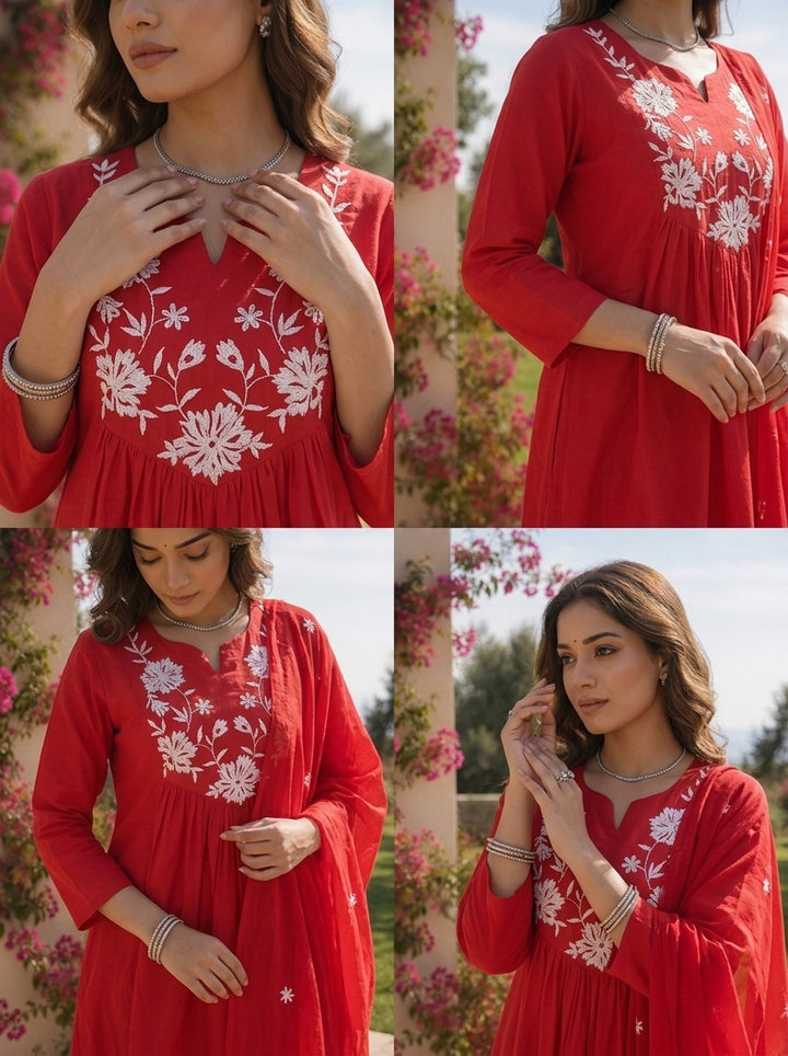 Red Cotton Floral Thread Embroidery And Solid Design Three Piece Set