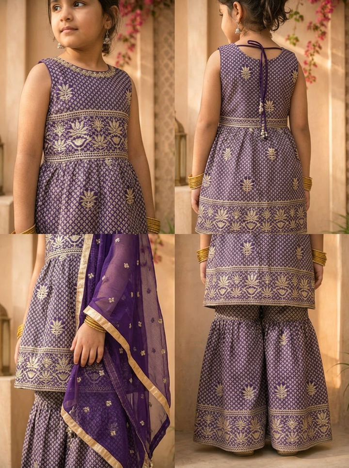 Purple Georgette Lotus Motif Thread Embroidered Sharara Set
