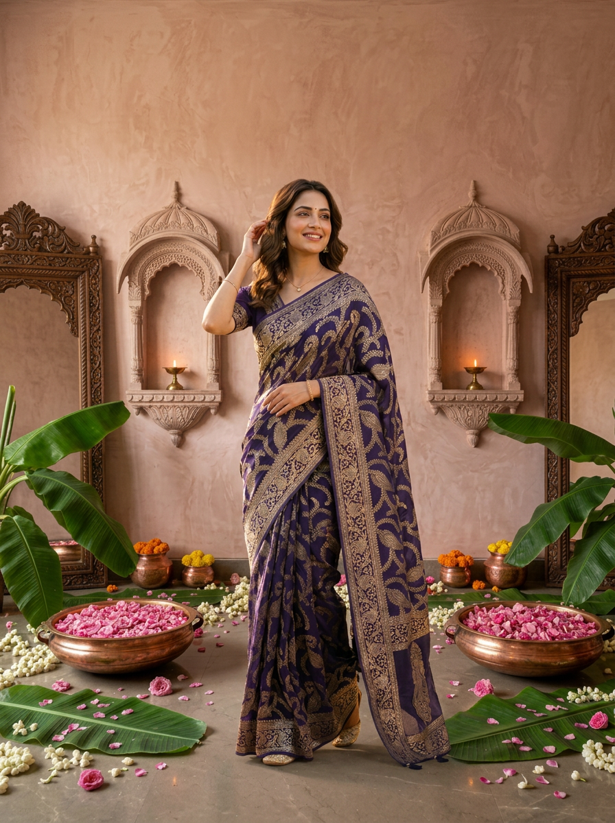 Purple Banaras Floral Design Weaved Saree