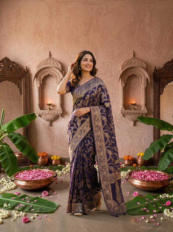 Purple Banaras Floral Design Weaved Saree