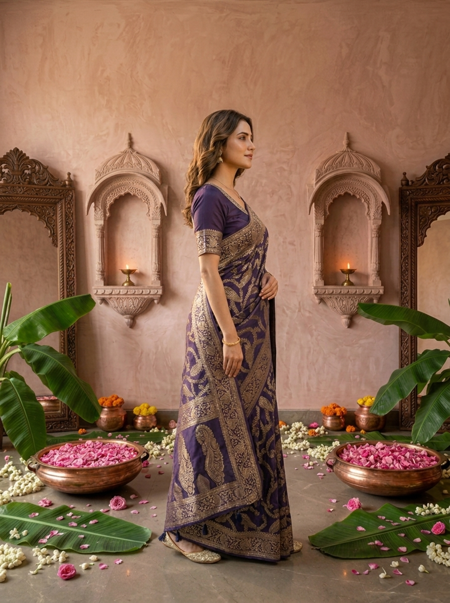 Purple Banaras Floral Design Weaved Saree