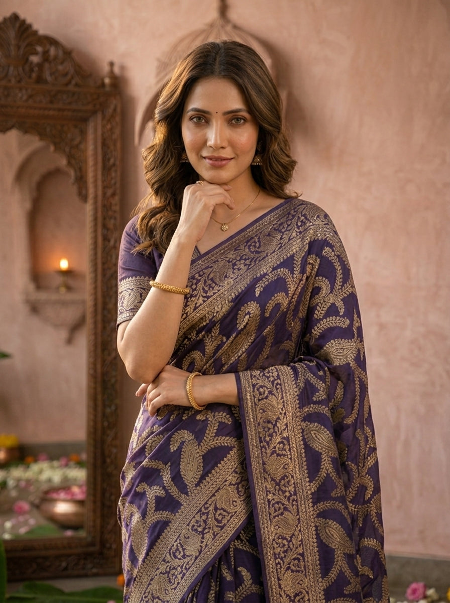 Purple Banaras Floral Design Weaved Saree