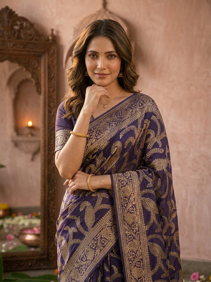 Purple Banaras Floral Design Weaved Saree