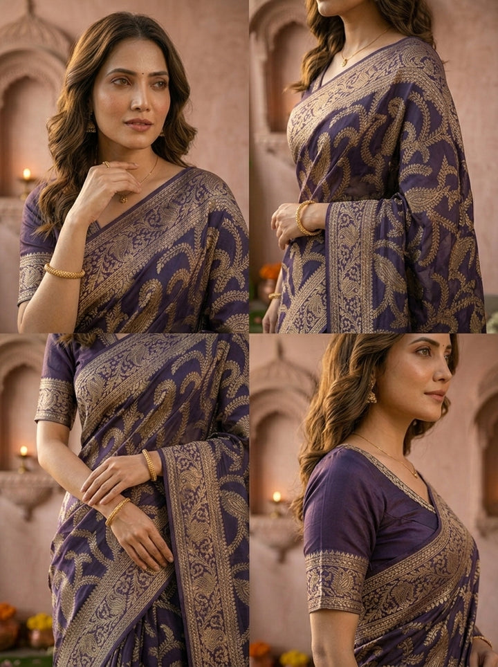 Purple Banaras Floral Design Weaved Saree