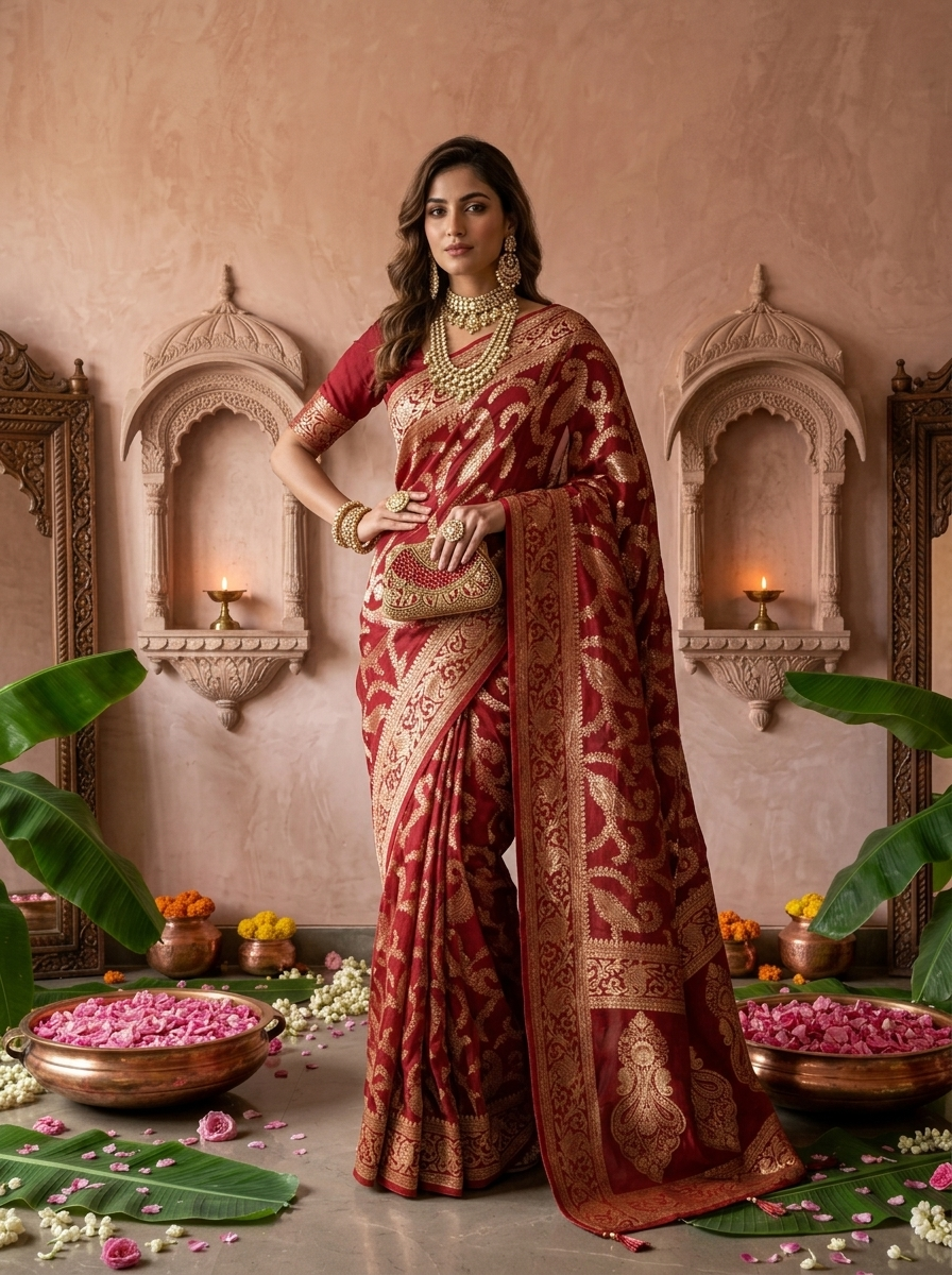 Maroon Banaras Floral Design Weaved Saree