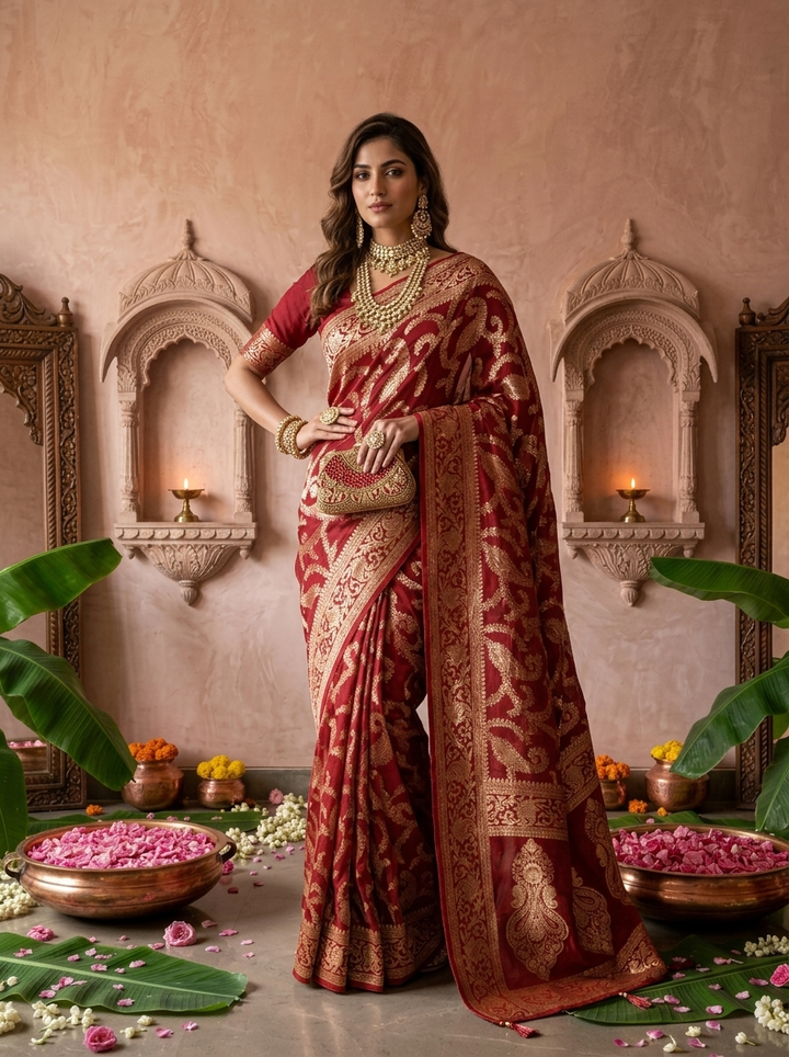 Maroon Banaras Floral Design Weaved Saree