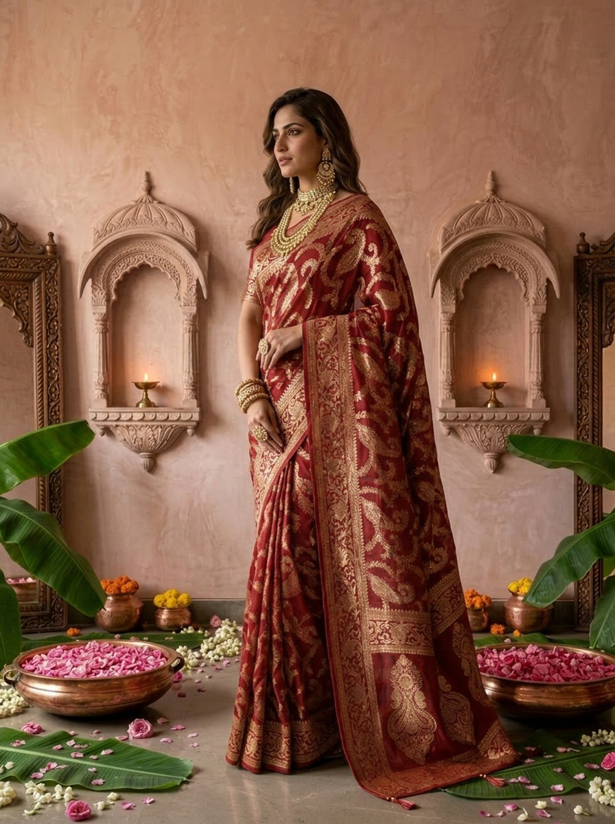 Maroon Banaras Floral Design Weaved Saree