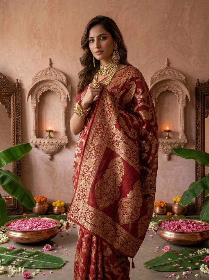 Maroon Banaras Floral Design Weaved Saree