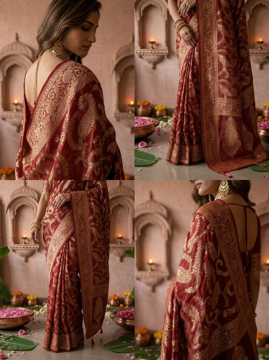 Maroon Banaras Floral Design Weaved Saree