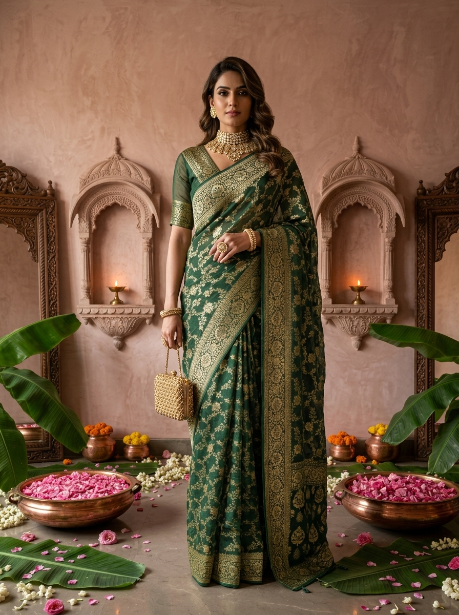 Bottle Green Banaras Floral Design Weaved Saree